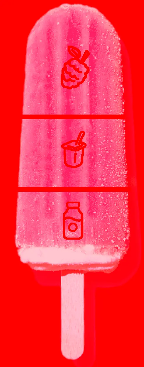 Red popsicle split vertically into thirds with icons in each section.