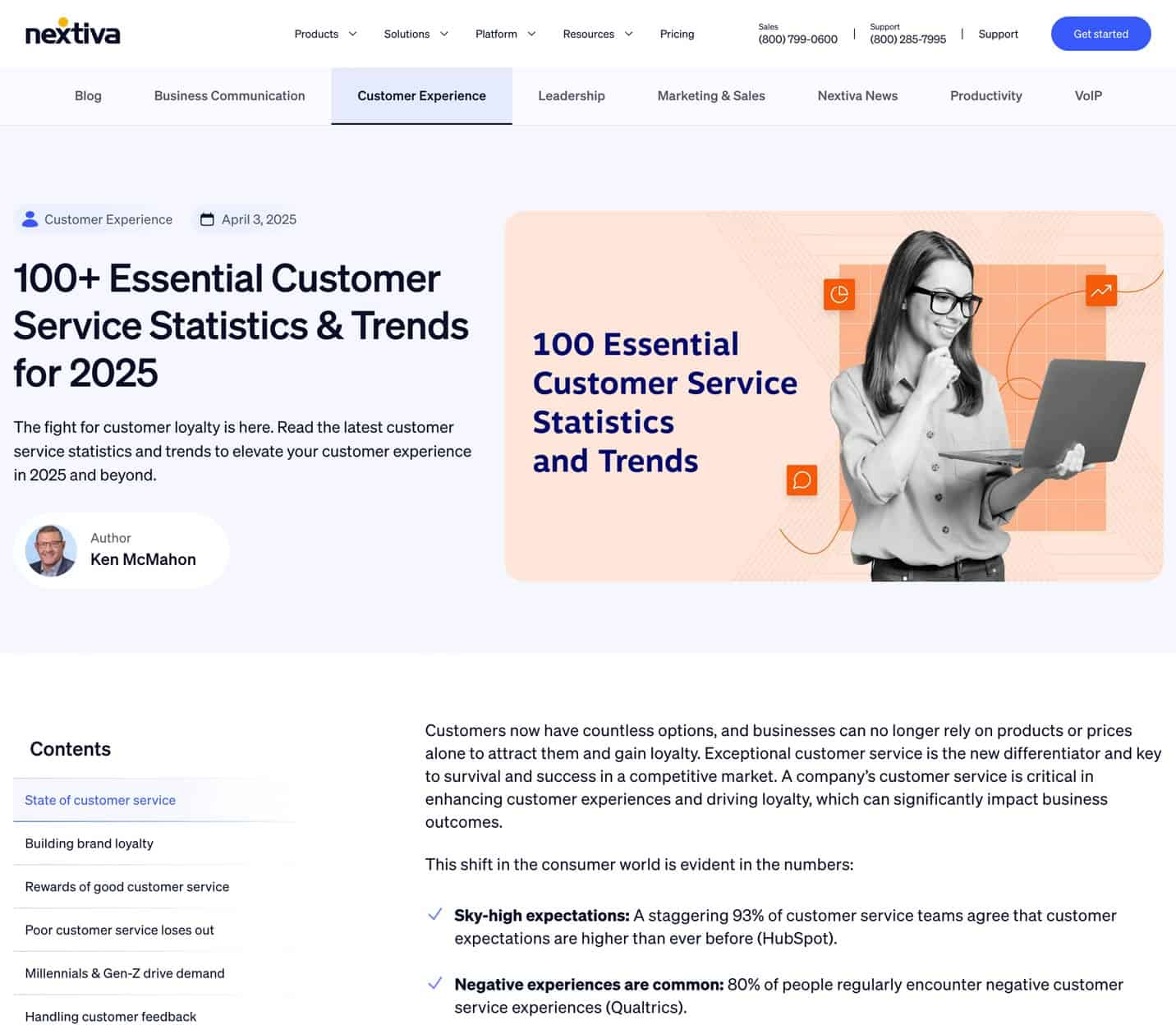 Screenshot of Nextiva's Customer Service Statistics post.