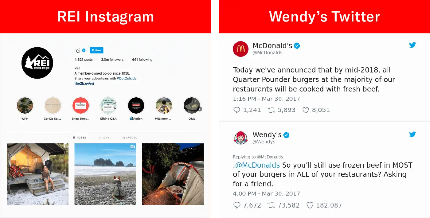 screengrab of engaging content of REI's instagram and Wendy's Twitter interactions