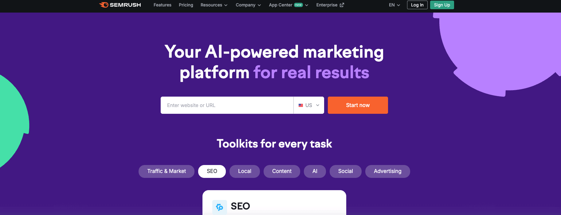The Semrush homepage.