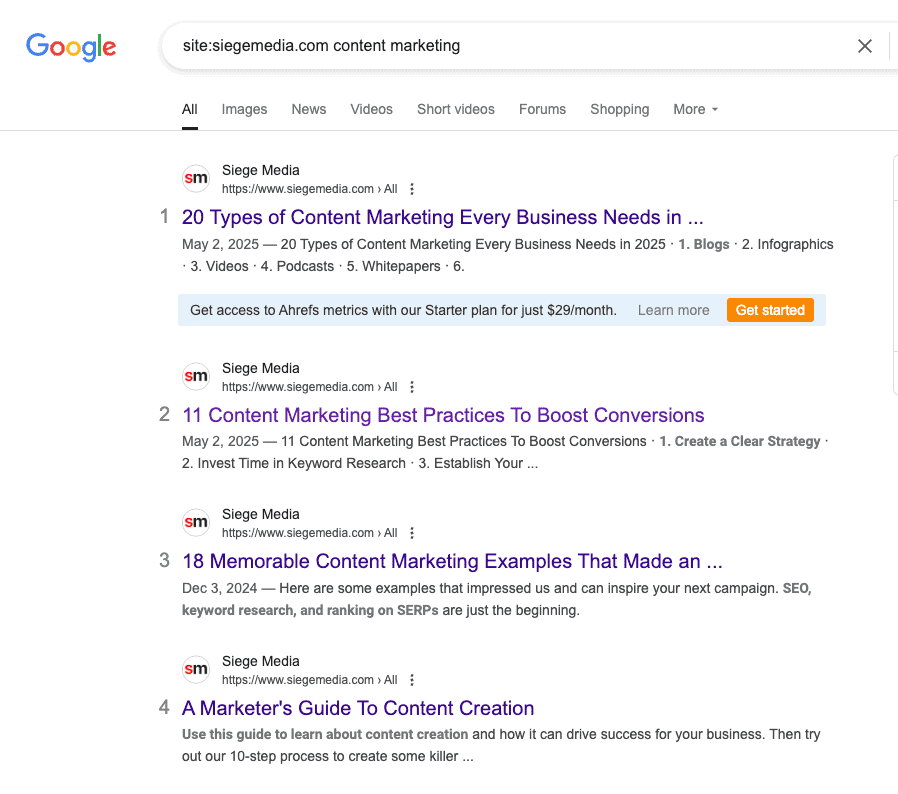 Google site search results.