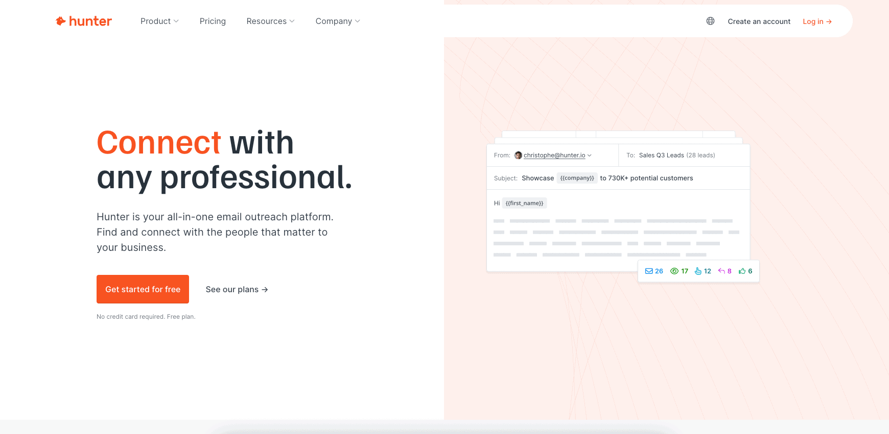 The Hunter.io homepage.