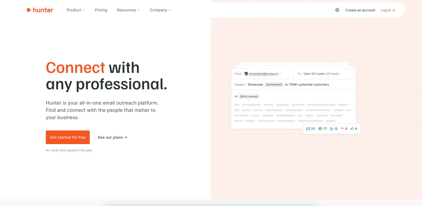 The Hunter.io homepage.