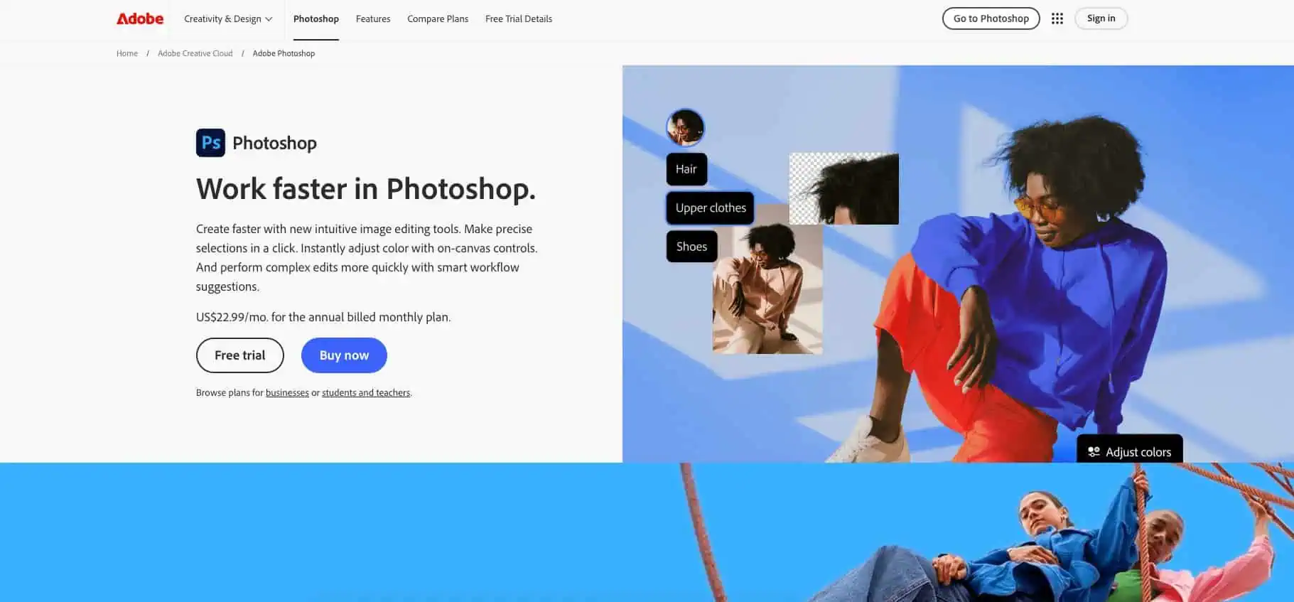 The Adobe Photoshop homepage.