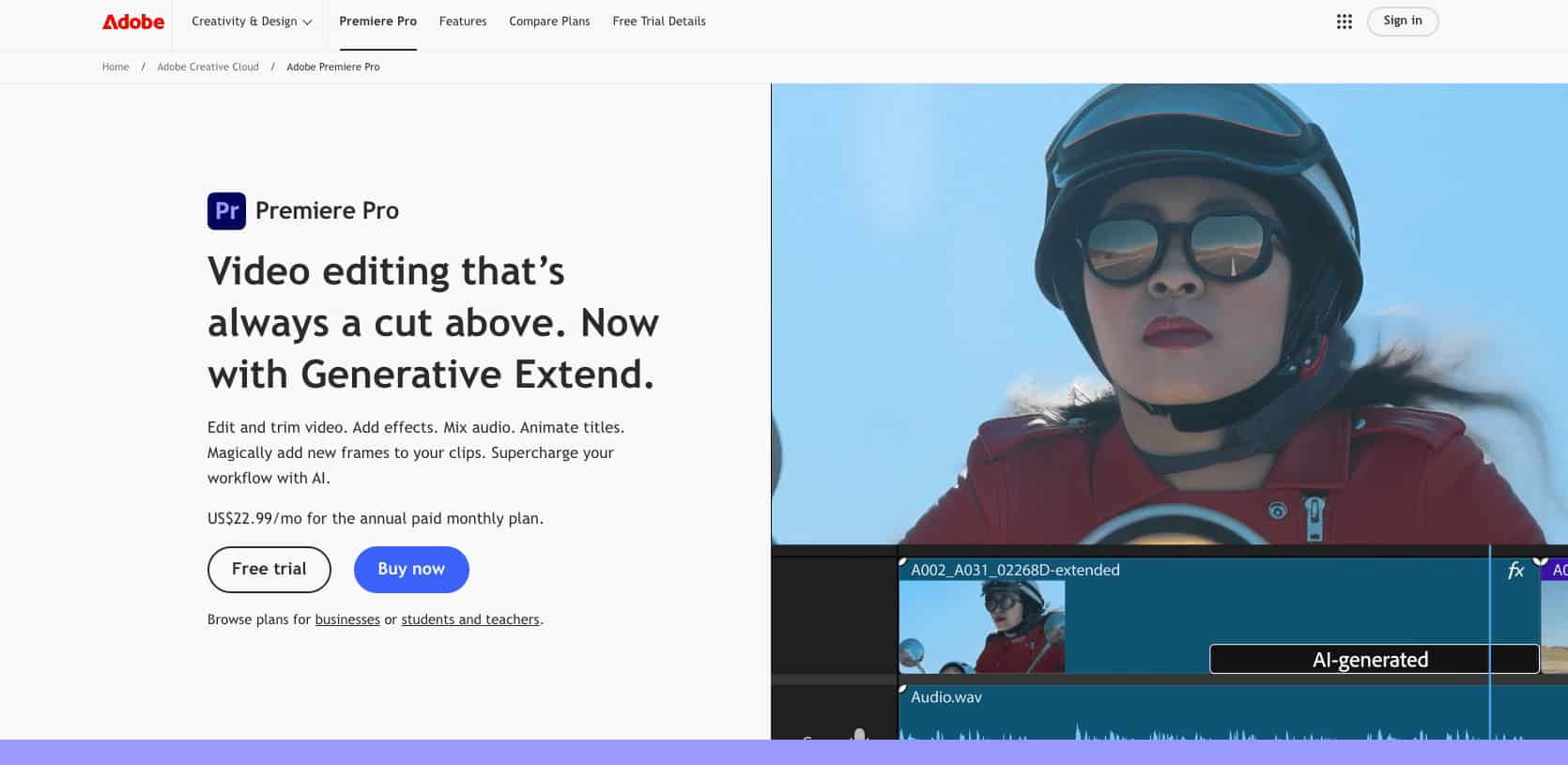 The Adobe Premier homepage.