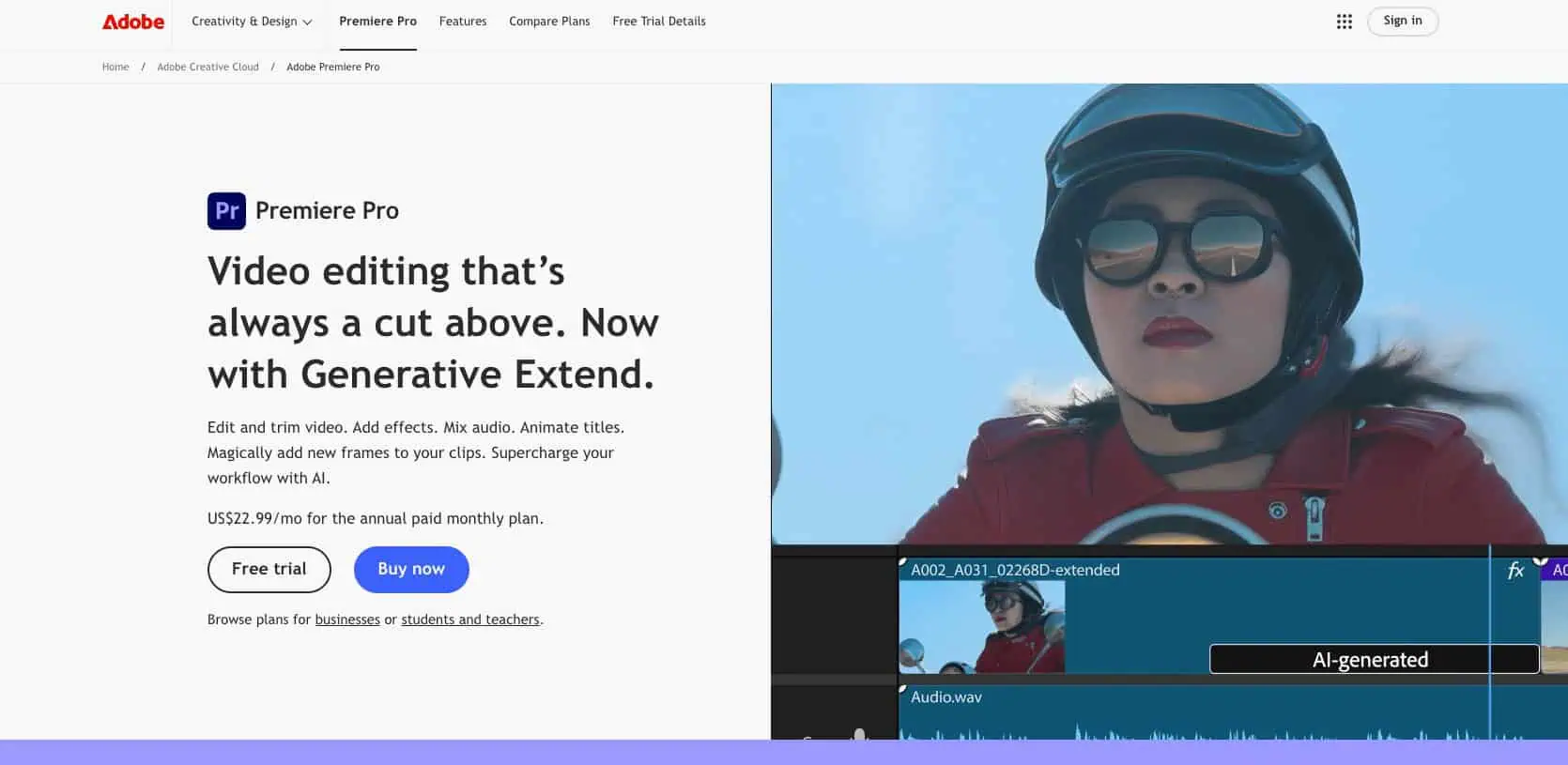 The Adobe Premier homepage.