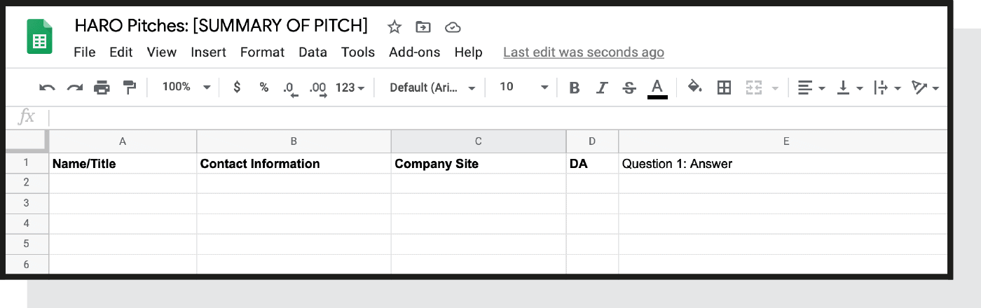 Google sheet template to organize pitches