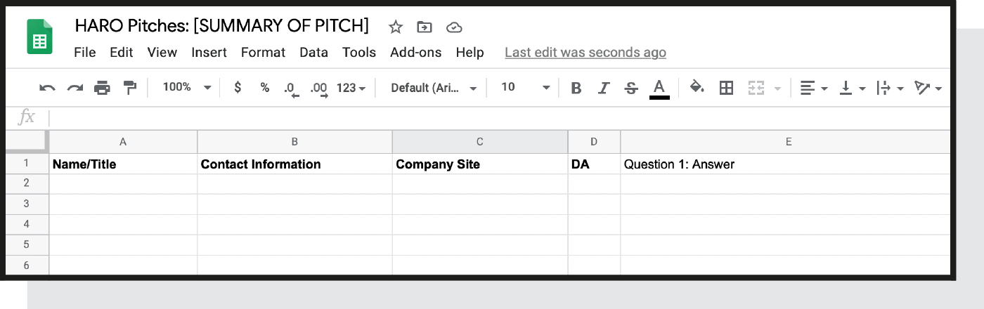Google sheet template to organize pitches