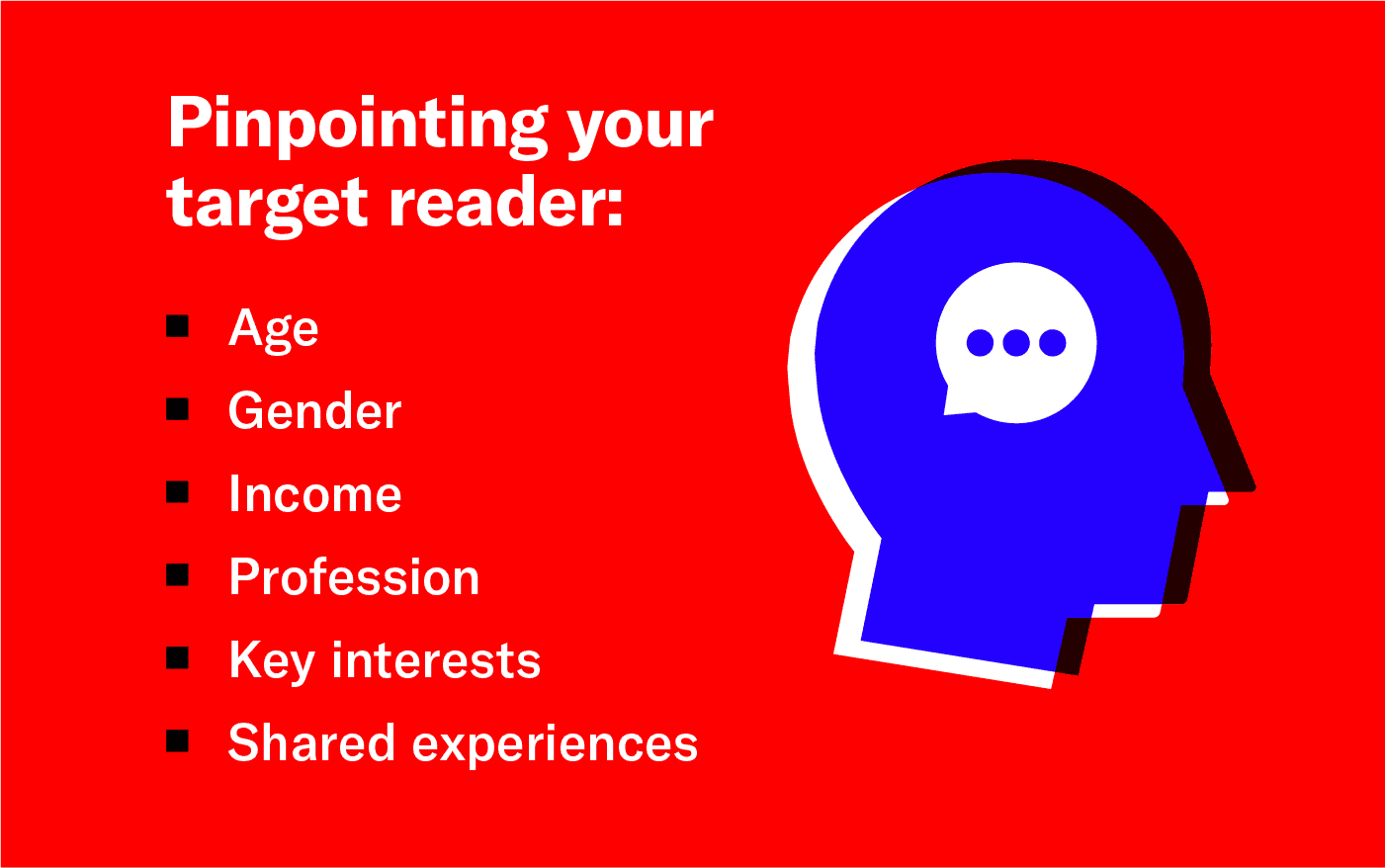 Target reader characteristics include age, gender, income, profession, key interests, and shared experiences