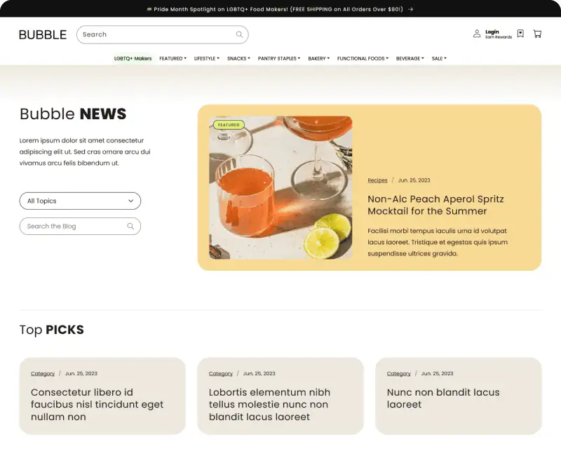 Screenshot of Bubble Goods' blog hub page after redesign