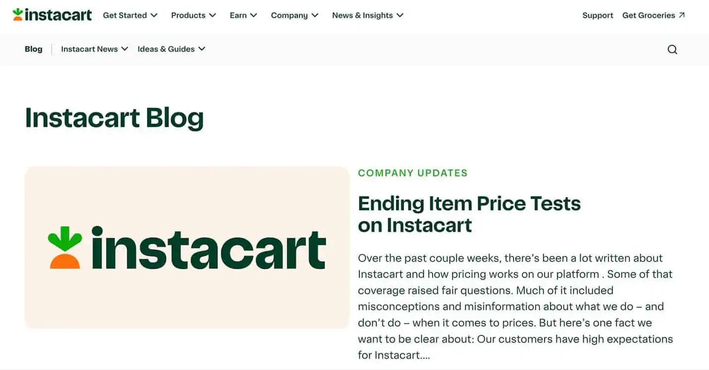 Instacart blog page
