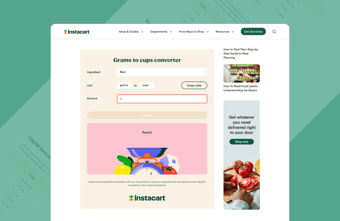 Screenshot of Instacart grams to cups converter