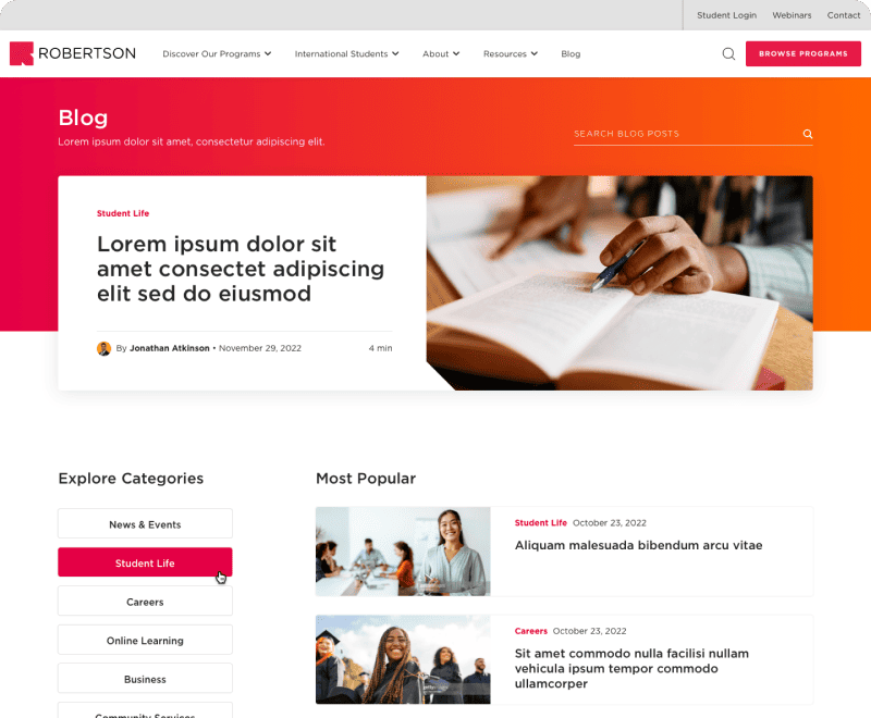 Screenshot of Robertson College's blog hub redesign