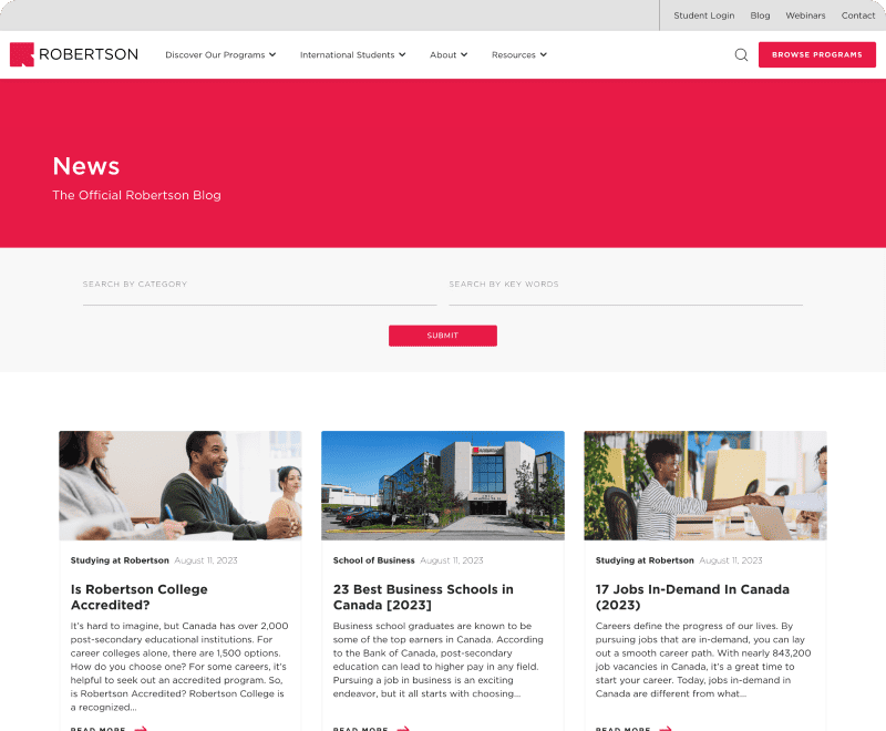 Screenshot of Robertson College's blog hub before redesign