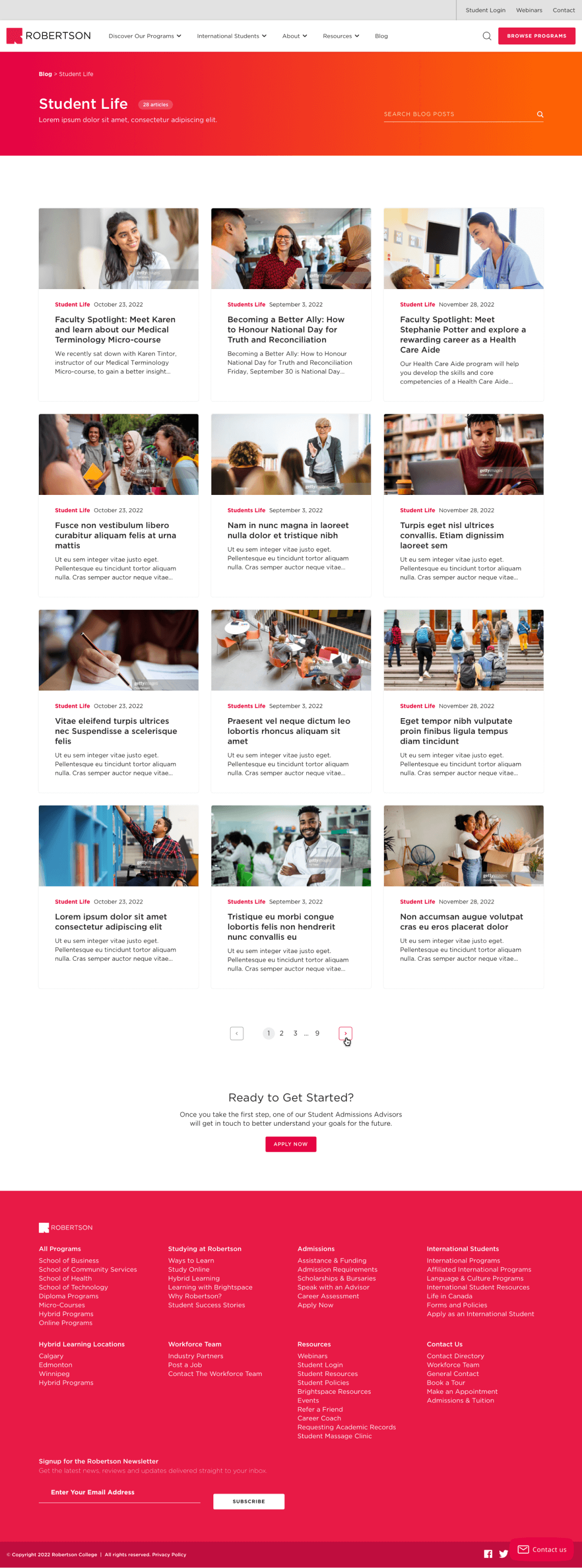 Screenshot of Robertson College's category page after redesign