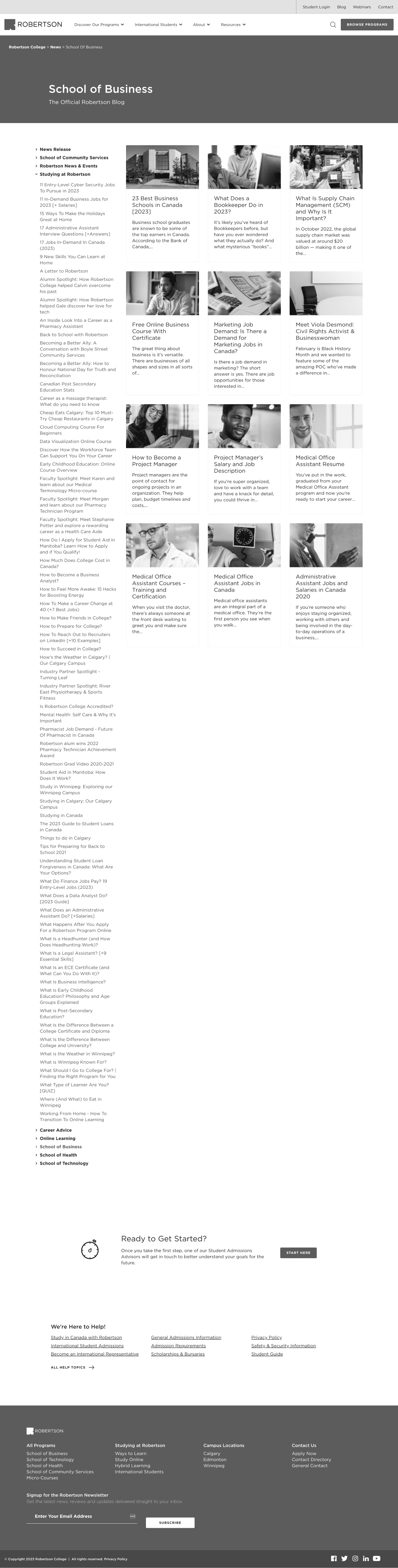 Screenshot of Robertson College's category page before redesign
