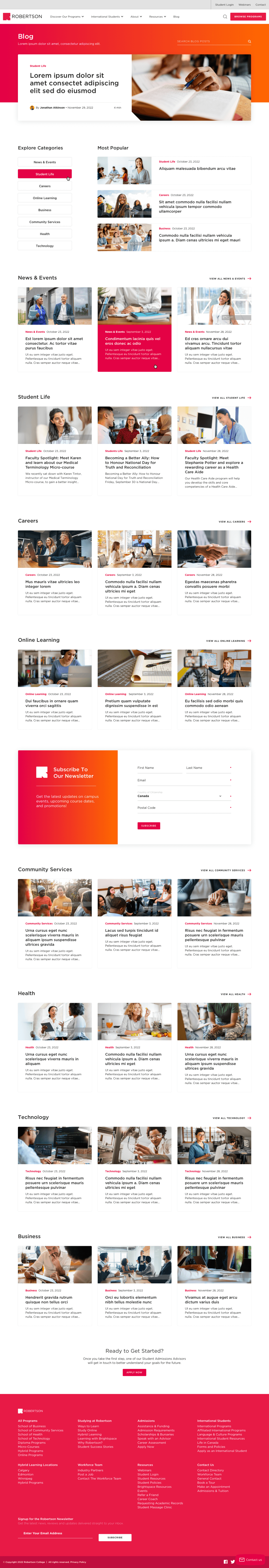 Screenshot of Robertson College's blog hub after redesign