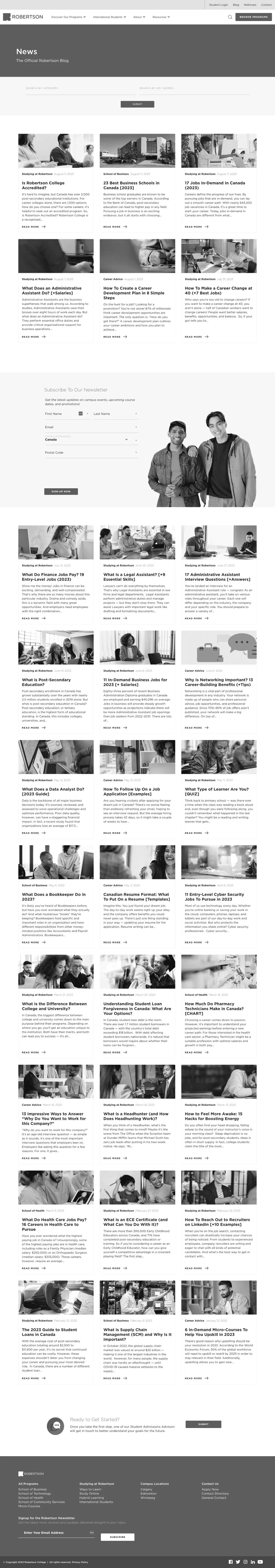 Screenshot of Robertson College's blog hub before redesign