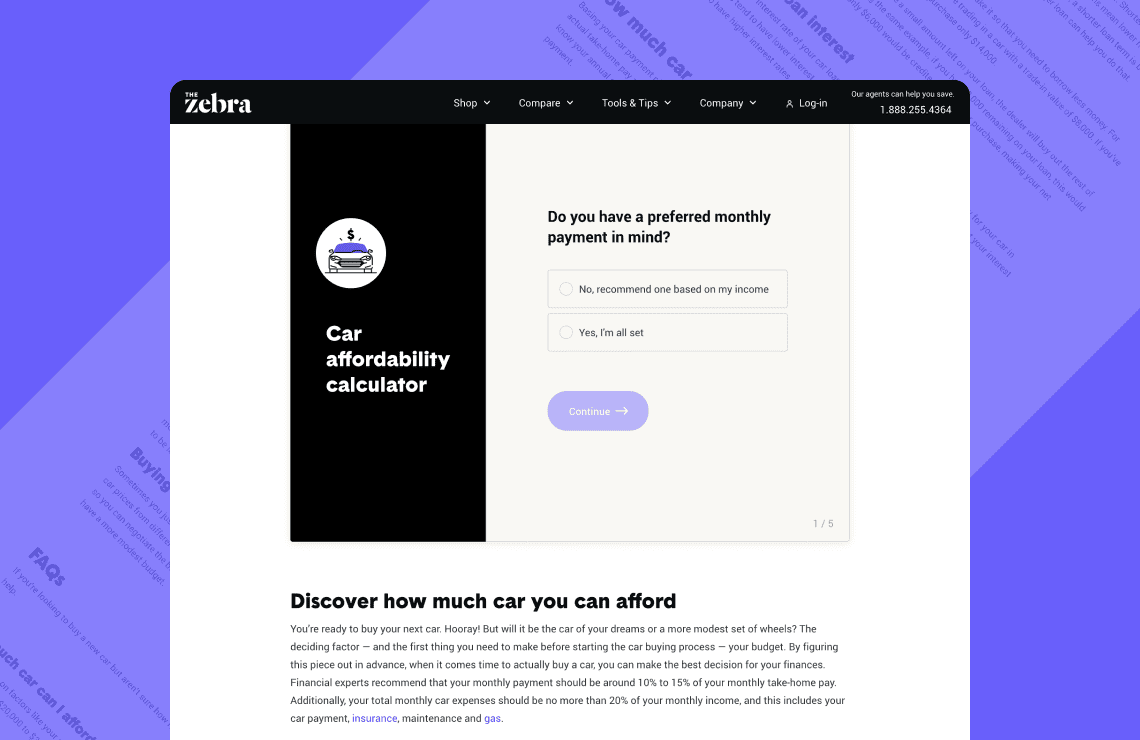 Screenshot of The Zebra's car affordability calculator