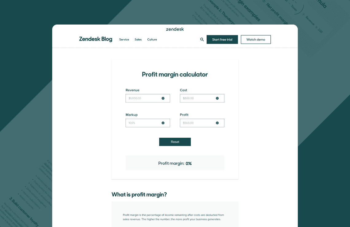 Screenshot of Zendesk's profit margin calculator