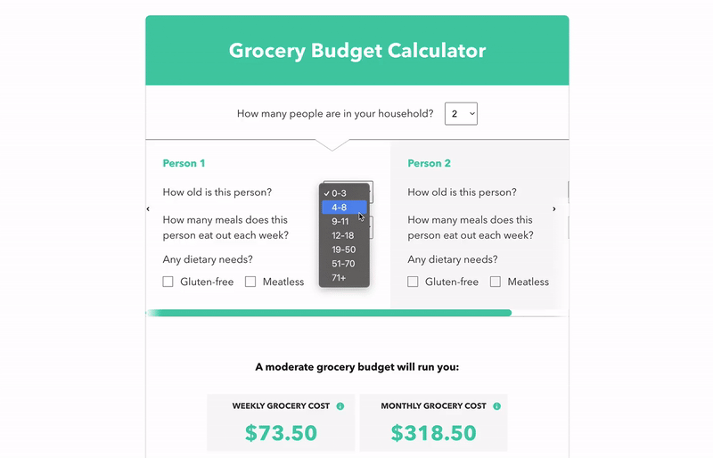 GIF shows how a food budget calculator functions, including key inputs and outputs.