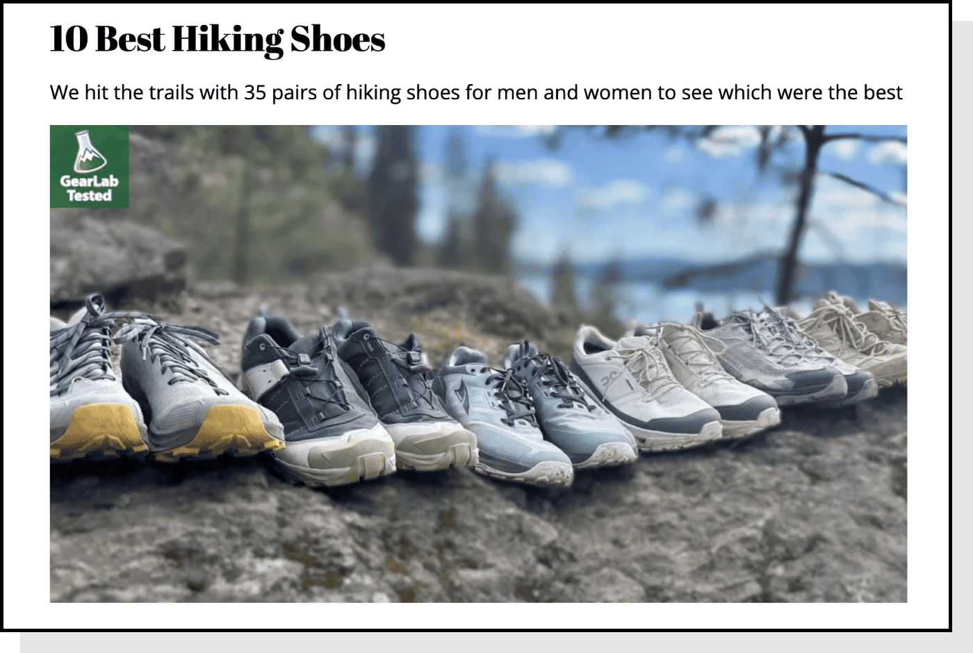 An article titled "10 Best Hiking Shoes" features a row of various hiking shoes lined up on a rocky ledge overlooking a blurred natural landscape, with a "GearLab Tested" badge in the corner.