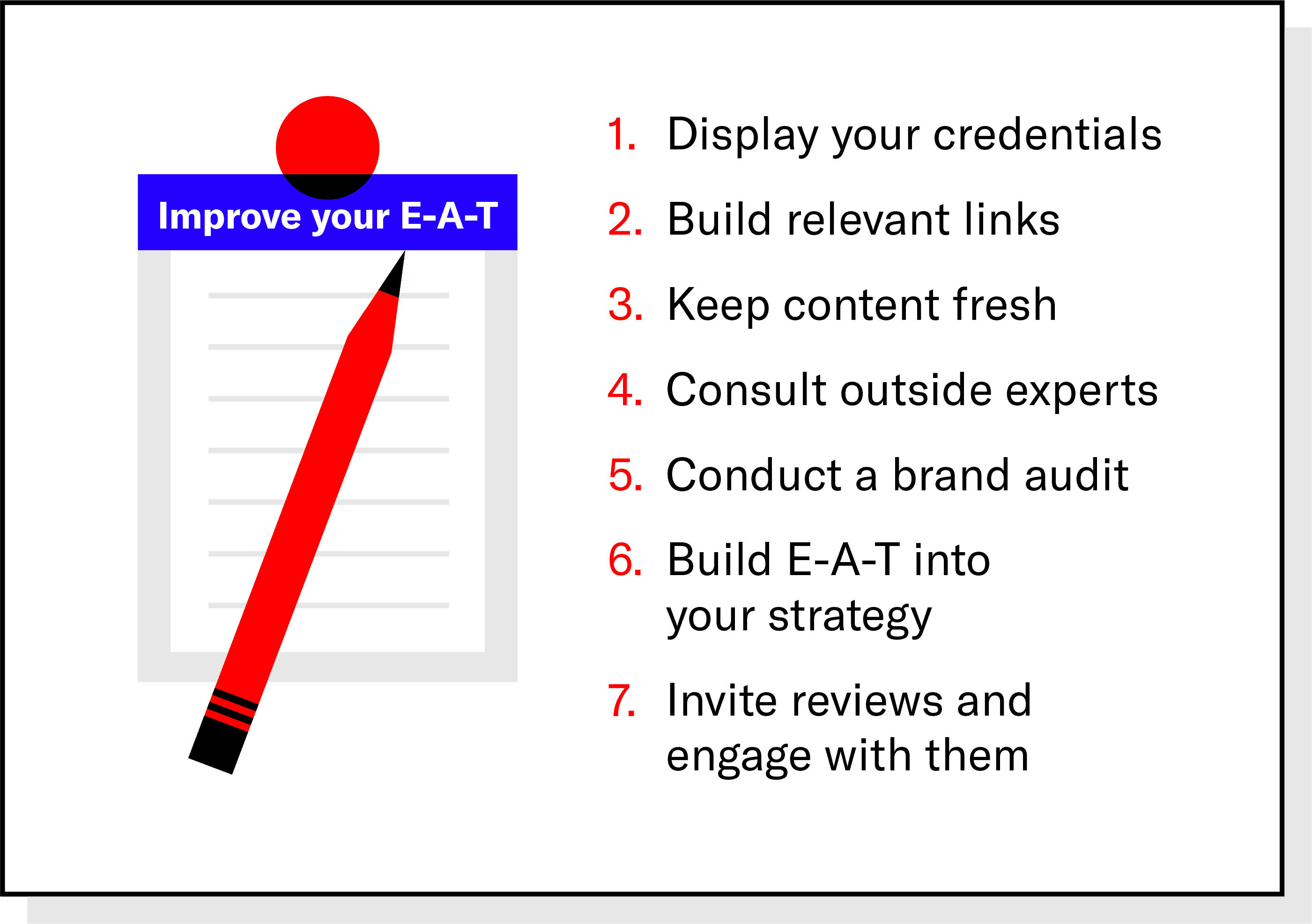 List of seven tips for improving E-A-T next to an illustrated pencil and notepad