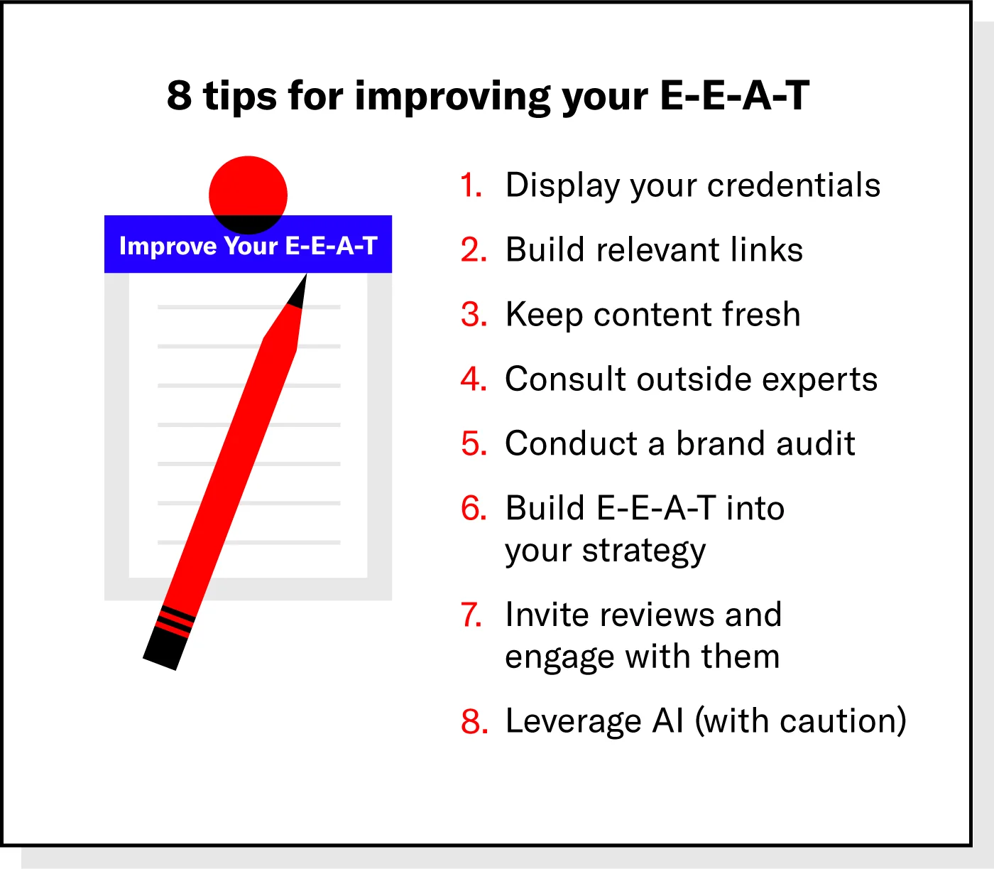 List of seven tips for improving E-E-A-T next to an illustrated pencil and notepad