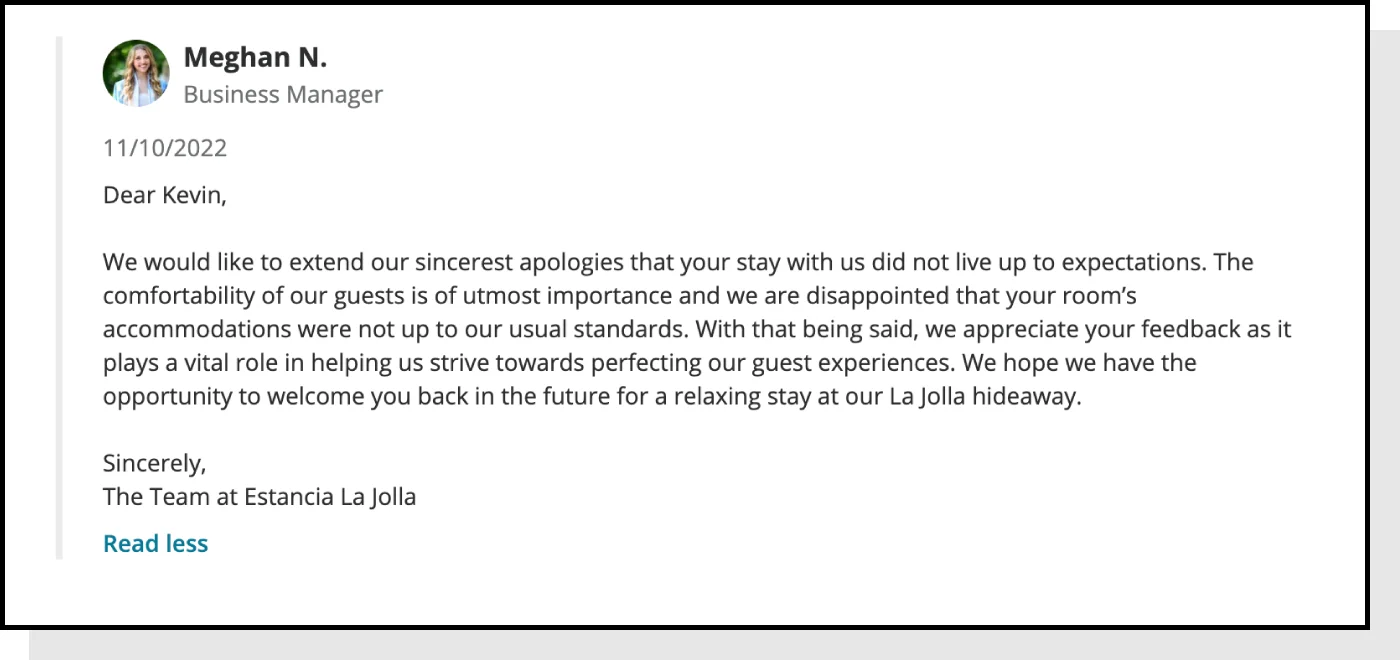 Callout of manager’s great response to poor hotel experience review to demonstrate how to respond to reviews