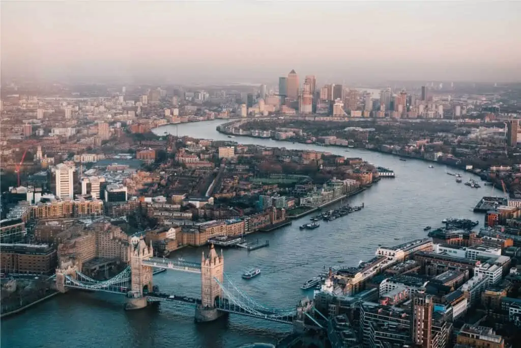 Aerial view of London tower bridge