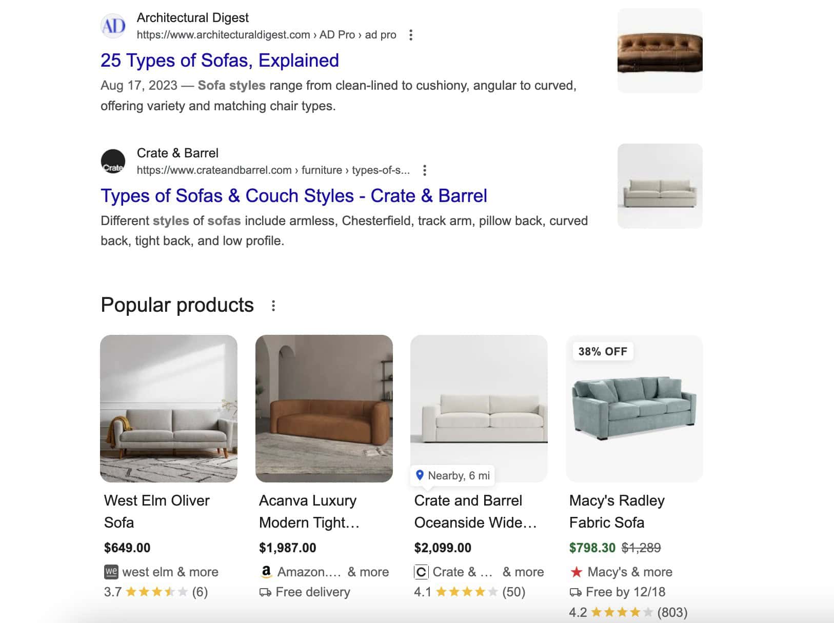 Image showing the Google SERP for "couch" styles"
