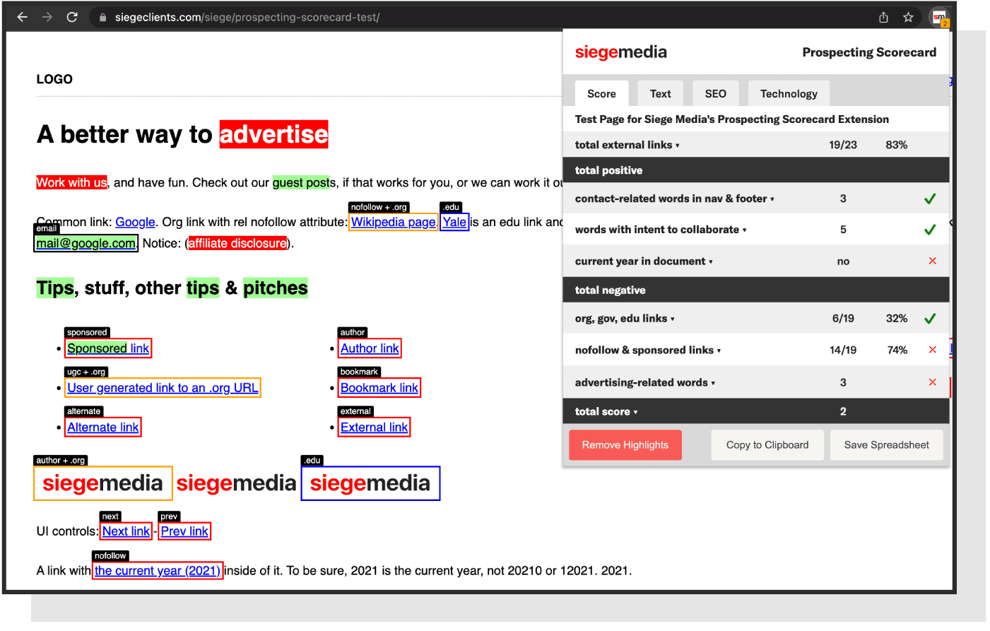 Siege Media link building prospecting scorecard example