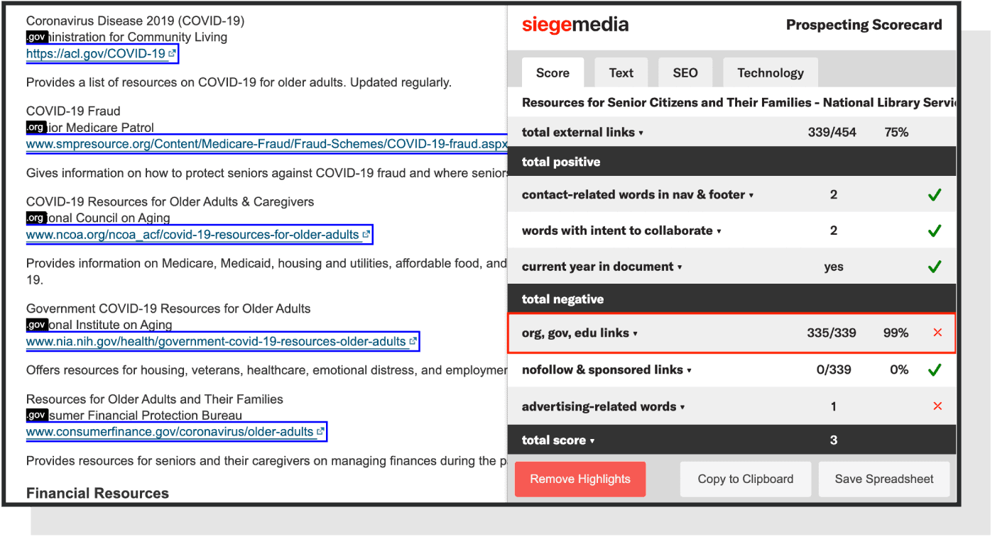 Siege Media's prospecting scorecard highlighting external links to authorized domain extensions.