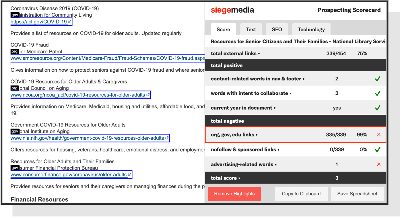 Siege Media's prospecting scorecard highlighting external links to authorized domain extensions.