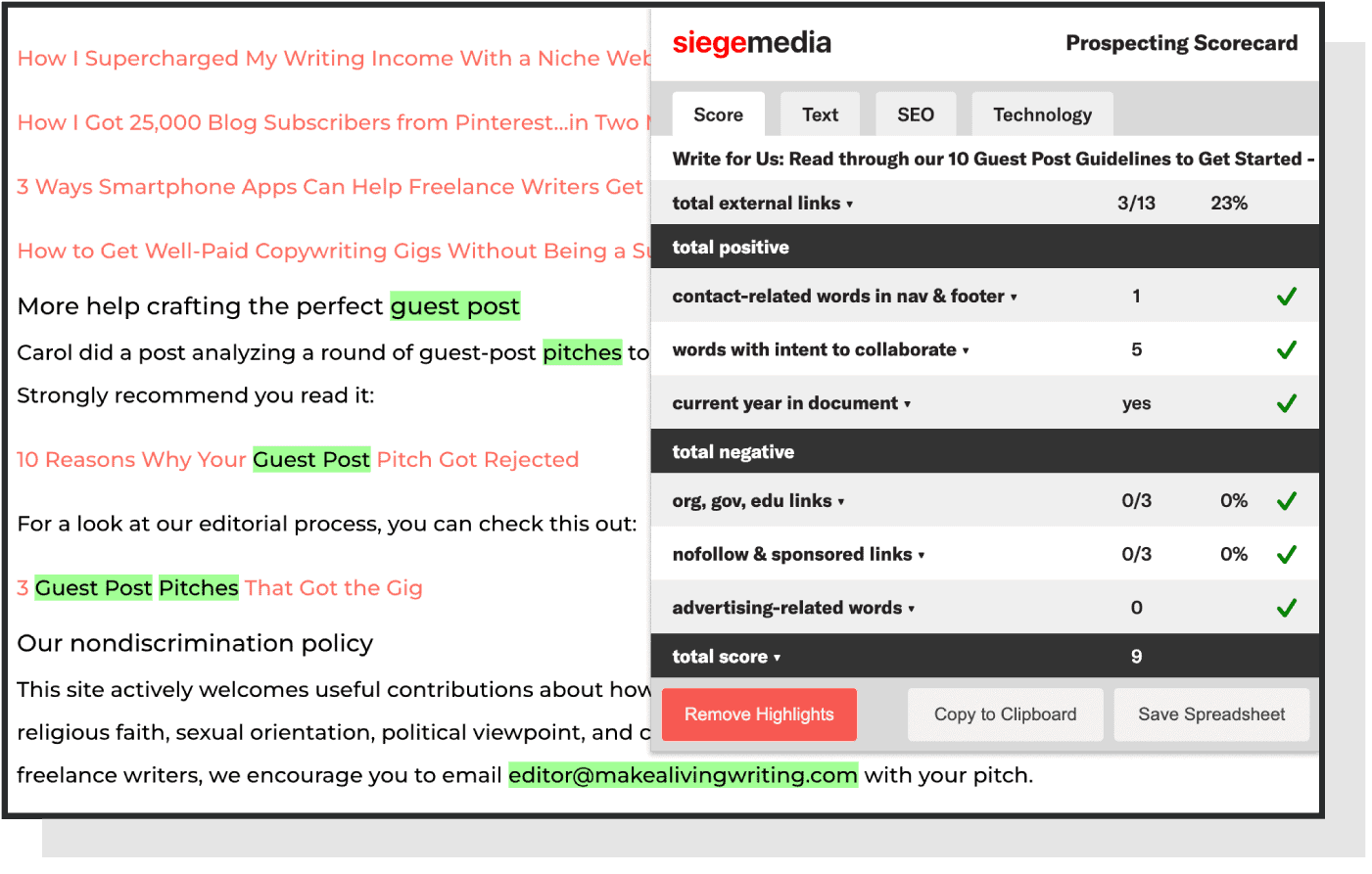 Prospecting scorecard highlighting positive keywords and email addresses in body copy on sites.