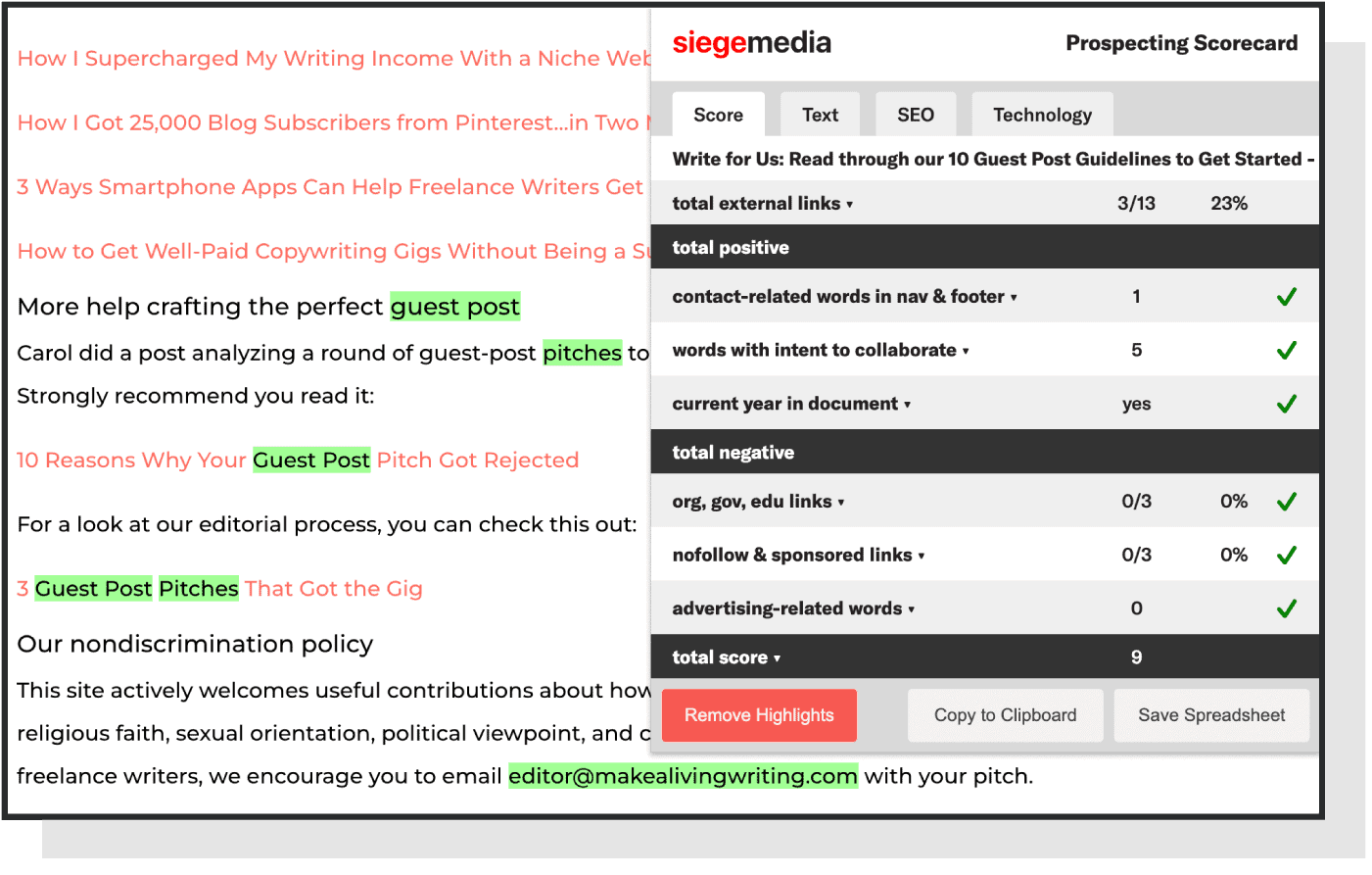 Prospecting scorecard highlighting positive keywords and email addresses in body copy on sites.