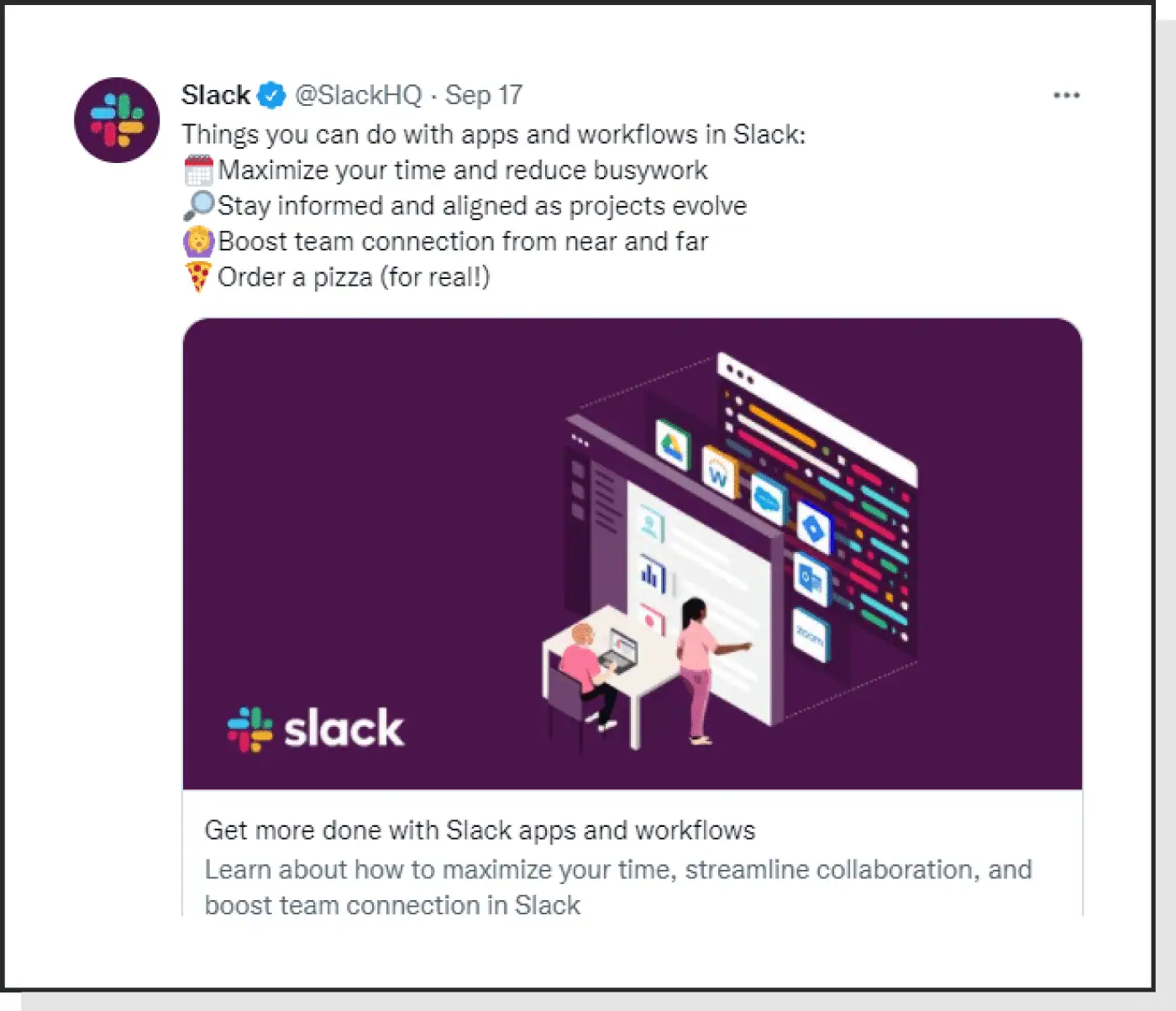 Screenshot of a Slack social post