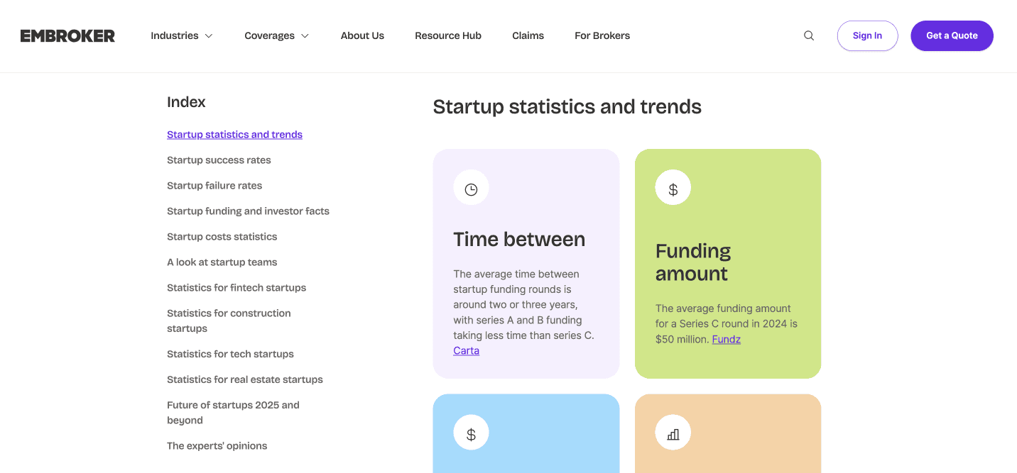 Embroker's Startup Statistics data studies digital PR example.