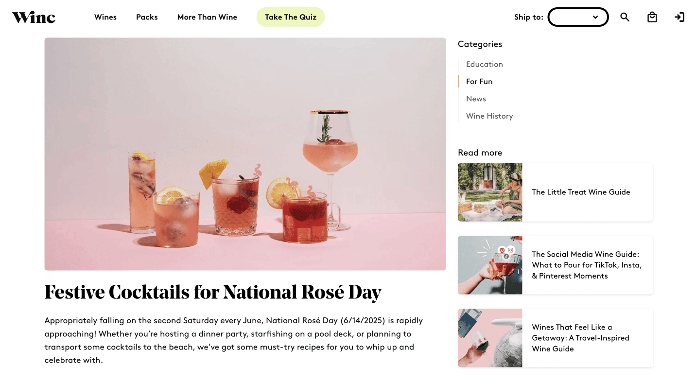 Winc's National Rosé Day current events digital PR example.