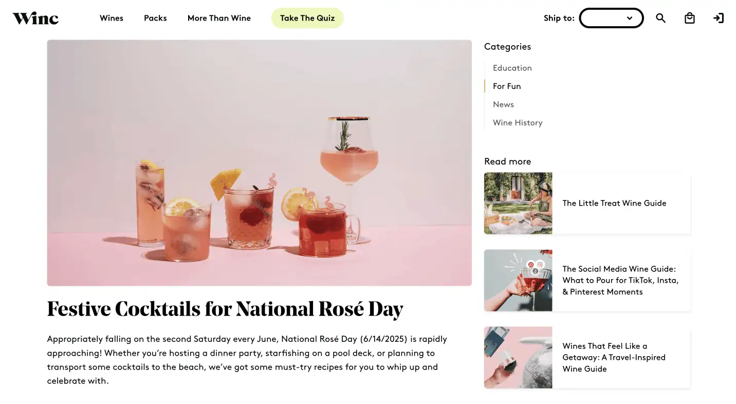 Winc's National Rosé Day current events digital PR example.