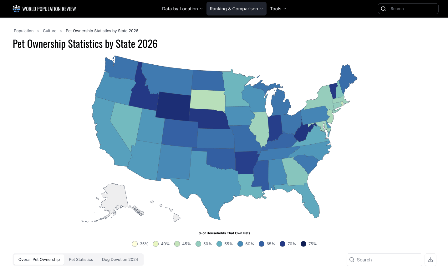 World Population Review's Pet Ownership Statistics by State maps and city studies digital PR example.