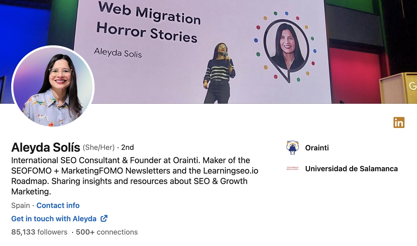 Screenshot of Aleyda Solís’s LinkedIn profile.