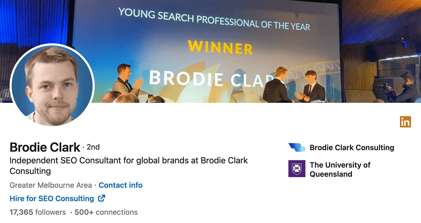 A screenshot of Brodie Clark's LinkedIn page