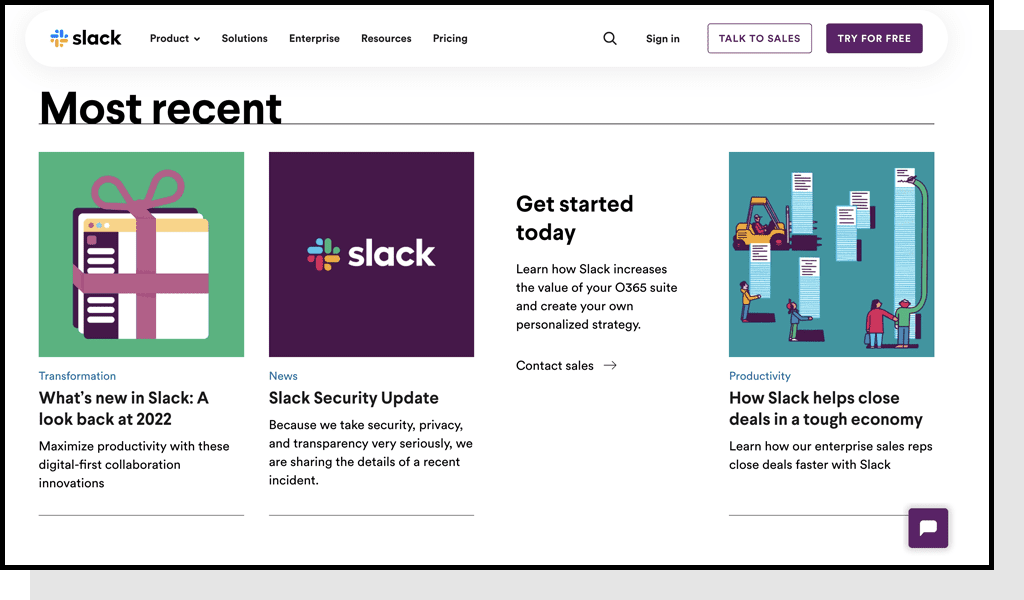 An image that shows a screenshot of Slack's most recent blog posts