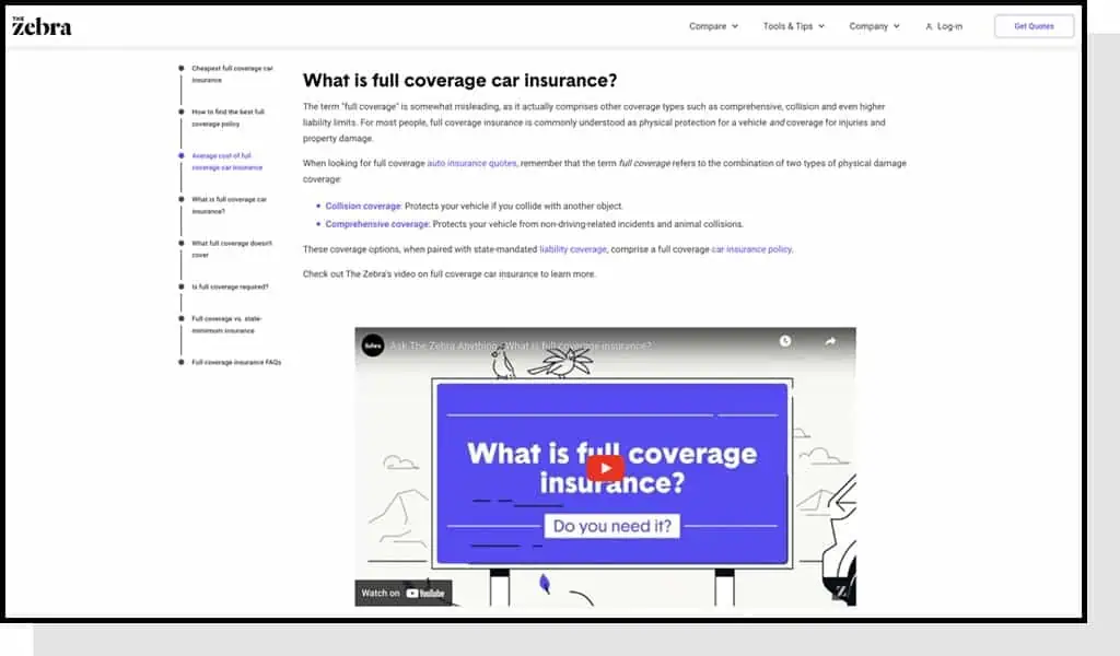 The Zebra blog post on full coverage car insurance and video