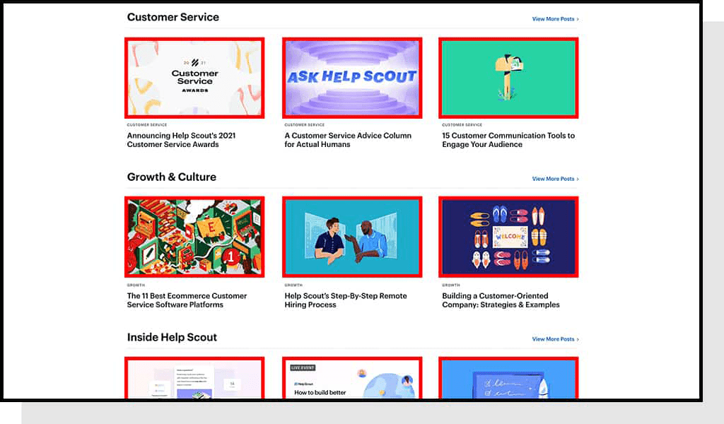 Display of Help Scout's thumbnails on their blog hub