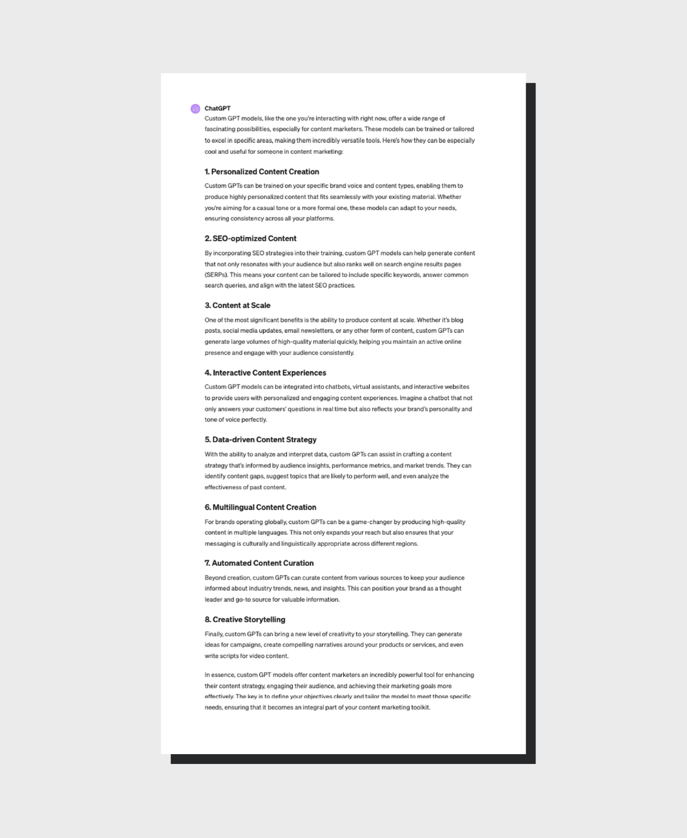 Open AI content marketing tool describing custom GPTs
