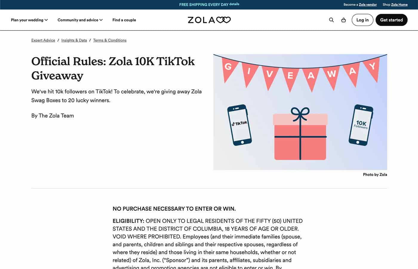 An image showing an example of Zola hosting a giveaway