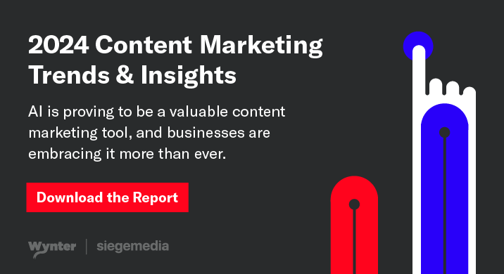 A graphic of 2024 content marketing trends and insights about how valuable AI is and that businesses are embracing it more than ever. 