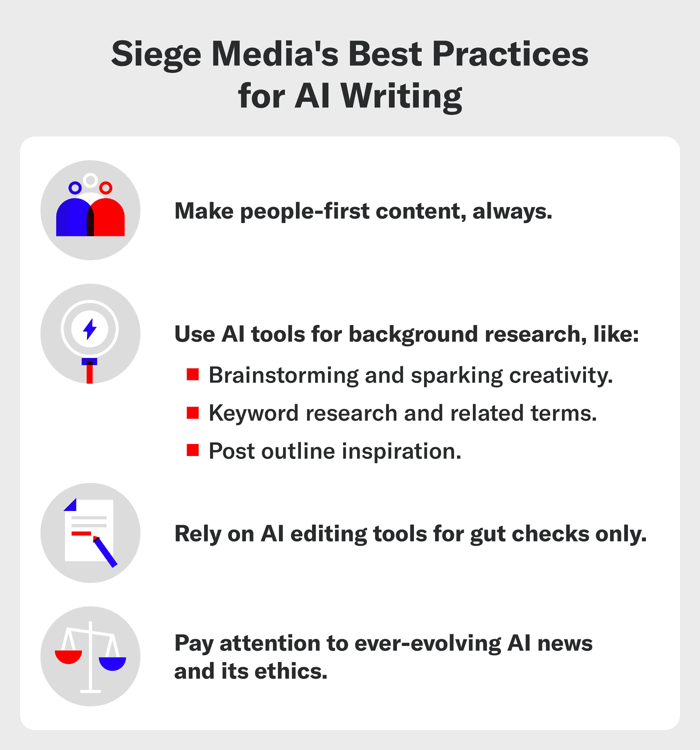 An image that shows AI writing best practices by Siege Media
